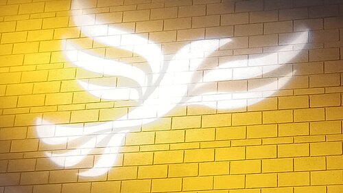 Lib Dem logo bird projected on blockwork